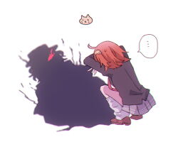 Rule 34 | ..., 1girl, ahoge, cat shadow puppet (meme), different shadow, edmond dantes (fate), fate/grand order, fate (series), fujimaru ritsuka (female), glowing, glowing eye, id (fate/grand order), loose socks, meme, mizumi (mizmi), necktie, orange hair, pseudo-tokyo school uniform, red necktie, school uniform, skirt, socks, spoken ellipsis, squatting