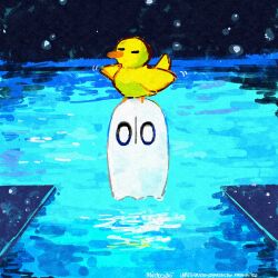 0_0 animal bird bird_that_carries_you_over_a_disproportionately_small_gap closed_eyes commentary_request ghost highres light_particles looking_at_viewer maika_(maikaoekaki) napstablook no_humans no_mouth outdoors painterly simple_background undertale water