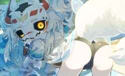 1girl animal_ears ass blue_one-piece_swimsuit dated fox_ears fox_girl fox_mask fox_tail furry furry_female haronin_fukke highres looking_at_viewer mask one-piece_swimsuit original signature solo swimsuit tail variant_set yellow_eyes