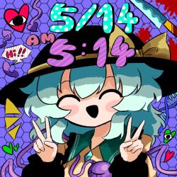 1girl black_hat blood blood_splatter buttons closed_eyes contrast_collar diamond_button dna double_v eyeball frilled_shirt_collar frilled_sleeves frills green_hair hat hat_ribbon heart heripantomorrow knife koishi_day komeiji_koishi phone ribbon shirt smile speech_bubble third_eye touhou v yellow_ribbon yellow_shirt