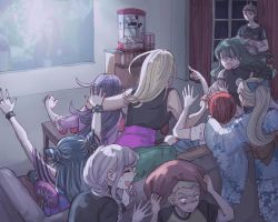 2boys 6+girls :d alternate_costume arms_up bare_shoulders black_hair black_shirt blonde_hair blue_bow bow braid brown_hair closed_mouth couch curtains danganronpa_(series) danganronpa_3_(anime) eating food glasses green_hair grey_hair hair_bow highres hinata_hajime holding holding_food indoors koizumi_mahiru kuzuryu_fuyuhiko kuzuryu_natsumi long_hair long_sleeves midori_(310ri_21) mioda_ibuki multiple_boys multiple_girls open_mouth pekoyama_peko pillow pointing pointing_at_another ponytail popcorn purple_hair red_hair saionji_hiyoko satou_(danganronpa) shirt shirt_tucked_in short_hair sitting smile sweat sweatdrop table tsumiki_mikan watching_television wide_sleeves window