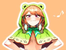 1girl animal_hood aqua_choker braid breasts capelet choker closed_mouth commentary ddolbang eighth_note english_commentary frog_hood green_capelet green_hair hair_flaps hands_on_own_hips highres hololive hololive_english hood hood_up hooded_capelet long_hair looking_at_viewer low_twin_braids low_twintails medium_breasts multicolored_hair musical_note official_alternate_costume official_alternate_hairstyle orange_background orange_hair purple_eyes smile smirk smug solo streaked_hair swept_bangs takanashi_kiara takanashi_kiara_(casual) topless_female twin_braids twintails virtual_youtuber