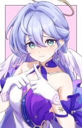 1girl :3 absurdres aqua_hair bare_shoulders blush braid breasts cleavage closed_mouth collarbone dress feathered_wings gloves green_eyes hair_between_eyes head_wings highres honkai:_star_rail honkai_(series) index_fingers_together long_hair looking_at_viewer robin_(honkai:_star_rail) smile solo strapless strapless_dress tomatology3 white_gloves wings
