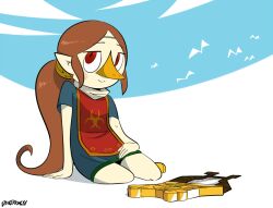 1girl animal arm_support beak bird blue_dress blush boots brown_hair cloud dangerking11 dress harp headband instrument long_hair looking_at_viewer medli nintendo orange_boots pointy_ears ponytail red_eyes red_tabard rito short_sleeves sitting sky smile tabard the_legend_of_zelda the_legend_of_zelda:_the_wind_waker