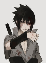 Rule 34 | 1boy, black eyes, black hair, blood, blood on face, bruise, bruise on face, closed mouth, glaring, grey background, injury, japanese clothes, looking at viewer, male focus, naruto (series), simple background, solo, sword, sword on back, uchiha sasuke, upper body, user tmsf7747, weapon, weapon on back, wiping face