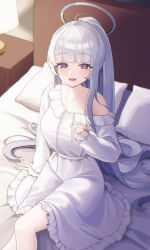 1girl bed blue_archive blush breasts frilled_nightgown frills halo highres lamp large_breasts long_hair long_sleeves looking_at_viewer nightgown noa_(blue_archive) noa_(pajamas)_(blue_archive) official_alternate_costume on_bed open_mouth pajamas pillow ponytail poyih purple_eyes sitting smile solo very_long_hair white_hair white_nightgown