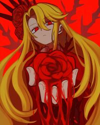 11230kingyo 1girl absurdres black_crown blonde_hair coat collared_shirt crown don_quixote_(project_moon) flower gem hair_flower hair_ornament head_spikes highres limbus_company long_hair looking_at_viewer project_moon red_background red_coat red_eyes red_flower red_gemstone red_rose rose sancho_(project_moon) shirt simple_background slit_pupils solo upper_body white_shirt yearning-mircalla_(e.g.o)