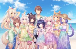 1boy 6+girls animal_ear_fluff animal_ear_hairband animal_ears arm_behind_head armband azuki_(nekopara) beach bell blonde_hair blue_eyes blue_hair blue_nails blue_sky blush bow braid breasts brother_and_sister brown_eyes brown_hair bunny_ears_prank cat_ear_hairband cat_ears cat_girl cat_tail chocola_(nekopara) cinnamon_(nekopara) cleavage clothes_writing cloud coconut_(nekopara) crossed_arms day dress dress_bow english_text everyone eyewear_on_head fake_animal_ears fake_tail food-themed_hair_ornament fraise_(nekopara) game_cg green_eyes group_picture hair_ornament hair_scrunchie hairband hand_on_own_hip hat heterochromia highres large_breasts long_hair looking_at_viewer maple_(nekopara) medium_breasts medium_hair minazuki_kashou minazuki_shigure multicolored_dress multiple_girls nail_polish neck_bell nekopara non-web_source ocean official_art one_eye_closed orange_eyes orange_hair orange_nails own_hands_together pink_hair pink_nails purple_eyes purple_hair red_nails sayori_(neko_works) scrunchie see-through_clothes see-through_dress siblings sky slit_pupils small_breasts smile standing sun_hat sunglasses tail tail_scrunchie thigh_strap twin_braids v vanilla_(nekopara) watermelon_hair_ornament waving white_hair wrist_scrunchie yellow_eyes yellow_nails
