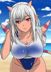 1girl absurdres blue_one-piece_swimsuit competition_swimsuit dark-skinned_female dark_skin demon_horns demon_tail dragon_quest dragon_quest_x highleg highleg_one-piece_swimsuit highres horns ogre_(dq10) one-piece_swimsuit ponytail red_eyes see-through_clothes see-through_shirt shirt solo swimsuit swimsuit_under_clothes t-shirt tail thigh_gap wet_one-piece_swimsuit white_hair white_shirt yuuyuu_(3jjbn)