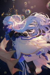 1boy 1girl black_background black_gloves blue_coat brother_and_sister bubble cat_princess chinese_commentary coat commentary_request dress facing_away full_body glomp gloves gradient_background grey_hair halo high_heels highres honkai:_star_rail honkai_(series) hug long_hair purple_footwear robin_(honkai:_star_rail) scarf short_hair siblings sunday_(honkai:_star_rail) surprised white_dress yellow_eyes yellow_scarf