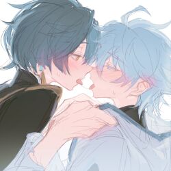 2boys blue_eyes blue_hair blush chongyun_(genshin_impact) clothes_grab earrings french_kiss genshin_impact highres hood hoodie jewelry kiss light_blue_hair looking_at_another messy_hair multiple_boys saliva simple_background sweatdrop tongue tongue_out tuhu0000 tuhuoooo white_background white_hoodie xingqiu_(genshin_impact) yaoi yellow_eyes