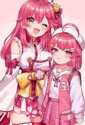 2girls ;d age_comparison aged_down ahoge bandaid bandaid_hair_ornament bell beret blush breast_press breasts cat_hair_ornament cherry_blossom_print detached_sleeves dual_persona eyeshadow floral_print frilled_kimono frilled_thigh_strap frills green_eyes hair_bell hair_between_eyes hair_ornament hairclip hakama hakama_short_skirt hakama_skirt hat highres hololive jacket japanese_clothes kimono large_breasts letterman_jacket long_hair long_sleeves looking_at_viewer makeup multiple_girls nanado_shion nontraditional_miko official_alternate_costume one_eye_closed one_side_up open_mouth pink_hair pink_jacket pink_skirt plaid_clothes plaid_skirt red_bag red_eyeshadow sailor_collar sakura_miko sakura_miko_(1st_costume) sakura_miko_(school_uniform) sash school_uniform shirt short_hair sideless_kimono skirt sleeveless sleeveless_kimono smile tassel thigh_strap time_paradox virtual_youtuber white_hat white_sailor_collar white_shirt wide_sleeves x_hair_ornament yellow_sash