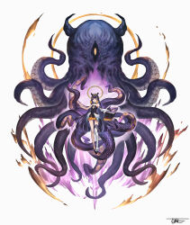 Rule 34 | 1girl, absurdres, bare shoulders, breasts, center-flap bangs, feathered wings, full body, gloves, halo, highres, hololive, hololive english, jun wei, long legs, looking at viewer, low wings, ninomae ina&#039;nis, purple hair, signature, simple background, single thighhigh, small breasts, solo, tentacles, thighhighs, virtual youtuber, white background, white thighhighs, white wings, wings
