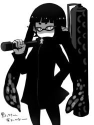 1girl bad_id bad_pixiv_id black_theme female_focus greyscale holding inkling inkling_girl inkling_player_character kuro_yuzu long_hair long_sleeves monochrome nintendo no_nose paint_roller simple_background solo splat_roller_(splatoon) splatoon_(series) splatoon_1 squid tentacle_hair white_background