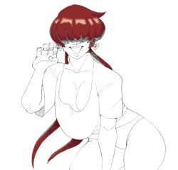 1girl 1shermieaday breasts curvy earrings female_focus hand_up heart huge_breasts jewelry large_breasts long_hair no_pants pale_skin panties ponytail red_hair shermie_(kof) shirt smile smiley_face the_king_of_fighters thick_thighs thighs twintails underwear wide_hips