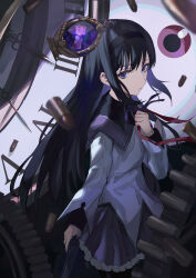 Rule 34 | 2girls, akemi homura, akemi homura (magical girl), aster (teslavision), black hair, black hairband, closed eyes, collar, dress, from side, gun, hairband, hand on own chest, handgun, highres, holding, holding gun, holding ribbon, holding weapon, kaname madoka, kaname madoka (magical girl), long sleeves, looking at viewer, mahou shoujo madoka magica, multiple girls, pink dress, pink hair, purple collar, purple eyes, purple skirt, red ribbon, ribbon, shirt, short sleeves, short twintails, skirt, twintails, weapon, white shirt