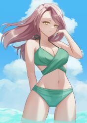 1girl arm_behind_back bikini breasts cleavage closed_mouth cloud cloudy_sky collarbone commentary commission cowboy_shot cumulonimbus_cloud day green_bikini halterneck hand_up haori903 hashtag-only_commentary highres long_hair looking_at_viewer navel original outdoors parted_hair pink_hair skeb_commission sky solo stomach swimsuit wading water yellow_eyes