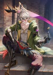Rule 34 | 1boy, absurdres, armored boots, armored gloves, atelier (series), atelier yumia, boots, clenched teeth, coin, coin flip, commentary request, dungeon, green eyes, green hoodie, grey hair, highres, holding, holding scythe, hood, hoodie, indoors, lantern, looking at viewer, pants, pink-tinted eyewear, red pants, rutger arendt, scythe, senano-yu, sharp teeth, shirt, short hair, sitting, smile, teeth, tinted eyewear, triangle glasses, white shirt