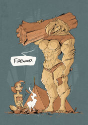2girls abs animal_ears axe breasts campfire english_text fire food forest fork frown furry furry_female holding holding_axe jolly_jack large_breasts log long_hair looking_at_another medium_hair multiple_girls muscular muscular_female nature original sausage short_shorts shorts size_difference smoke strapless tent thick_thighs thighs tube_top werewolf wolf_ears wolf_girl