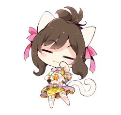 1girl =_= animal_ears ascot belt belt_buckle blunt_bangs bow bracelet brown_hair buckle buttons cat_ears cat_girl cat_tail center_frills chibi closed_eyes closed_mouth collar collared_jacket commentary_request crop_top detached_collar frills gold_bracelet gold_buckle hair_bow happy heart_button high_ponytail idol idolmaster idolmaster_cinderella_girls jacket jewelry kemonomimi_mode lapels layered_skirt light_blush lowres maekawa_miku midriff miniskirt navel no_shoes notched_lapels open_clothes open_jacket paw_pose pink_ascot pink_bow plaid_clothes plaid_skirt ponytail ribbed_thighhighs ribbon-trimmed_jacket shirt short_hair short_ponytail simple_background skirt sleeveless sleeveless_jacket smile solo swept_bangs tail thighhighs usoneko white_background white_belt white_collar white_jacket white_shirt white_skirt white_thighhighs yellow_skirt