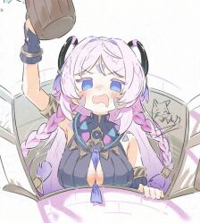1girl armband bare_shoulders between_breasts blue_eyes braid breasts citlali_(genshin_impact) cleavage cleavage_cutout clothing_cutout drunk facial_mark floating_headgear forehead_mark genshin_impact hair_intakes headgear highres inaririn jewelry large_breasts leaning_out_of_window light_blush looking_at_viewer medium_breasts open_mouth pink_hair solo triangle triangle_facial_mark twin_braids window