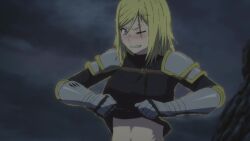 1girl alicia_(clevatess) animated anime_screenshot armor armored_gloves black_shirt blonde_hair blush body_control breasts clevatess:_majuu_no_ou_to_akago_to_shikabane_no_yuusha clothes_lift highres lifting_own_clothes medium_hair navel purple_eyes scar scar_across_eye scar_on_face shirt shirt_lift sound tagme underboob video