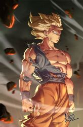 Rule 34 | 1boy, 5002 bus, blonde hair, blurry, clenched hands, commentary, debris, depth of field, dirty, dirty face, dougi, dragon ball, dragonball z, english commentary, floating clothes, floating hair, green eyes, highres, looking to the side, male focus, muscular, muscular male, orange pants, pants, pectorals, saiyan, scratches, shirt, short hair, signature, solo, son goku, spiked hair, super saiyan, super saiyan 1, torn clothes, torn pants, torn shirt