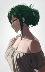 1girl akihitoevon blouse breasts brown_eyes brown_shirt cleavage commentary crusch_karsten english_commentary from_side green_hair hair_bun highres large_breasts long_hair looking_at_viewer parted_lips re:zero_kara_hajimeru_isekai_seikatsu shirt simple_background single_bare_shoulder single_strap solo upper_body