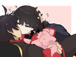 Rule 34 | 1boy, 1girl, @ @, ^^^, ahoge, araragi koyomi, black eyes, black hair, black jacket, black pants, black pantyhose, black skirt, black undershirt, bob cut, border, commentary, flustered, french kiss, furrowed brow, gakuran, girl on top, hand on another&#039;s head, heart, highres, holding another&#039;s wrist, jacket, juliet sleeves, kiss, leaning back, leaning forward, long sleeves, messy hair, monogatari (series), naoetsu high school uniform, oshino ougi, outline, outside border, pale skin, pants, pantyhose, pink background, pink shirt, puffy sleeves, red trim, ruffling hair, saliva, school uniform, shirt, short hair, simple background, skirt, surprised, sweat, tearing up, tsugumi (tgm 615486), turtleneck, white border, white outline