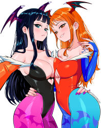 Rule 34 | 2girls, absurdres, animal print, arm tattoo, bat print, bat wings, black hair, black leotard, blue eyes, blue pantyhose, blue sleeves, breast press, breasts, bridal gauntlets, cleavage, clothing cutout, cosplay, covered navel, darkstalkers, elpipe 3000, fur-trimmed leotard, fur trim, head wings, heart cutout, highleg, highleg leotard, highres, large breasts, leotard, lilith (darkstalkers), lilith (darkstalkers) (cosplay), long hair, looking at viewer, morrigan aensland, morrigan aensland (cosplay), multiple girls, nami (one piece), nico robin, off-shoulder leotard, one piece, orange hair, orange sleeves, pantyhose, parted lips, pink nails, pink pantyhose, print pantyhose, purple nails, purple wings, red eyes, red leotard, simple background, tattoo, white background, wings
