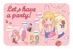 Rule 34 | 6+girls, :d, antique phone, apron, back bow, black hair, black hat, black shirt, blonde hair, blue dress, blue eyes, blue overalls, blunt bangs, bob cut, bokujou monogatari, bokujou monogatari: mineral town no nakama tachi, bokujou monogatari: saikai no mineral town, border, bow, box, braid, brown hair, bunting, candy, chullo, claire (bokujou monogatari), closed eyes, corded phone, cosmetics, cradling phone, crown braid, cup, curly hair, decorating, dress, elli (bokujou monogatari), english text, food, fork, frilled sleeves, frills, gift, gift box, gingham shirt, glasses, green dress, grid background, hair ribbon, hat, hat box, highres, holding, holding gift, holding lipstick tube, holding phone, holding tray, indoors, jennifer (bokujou monogatari), jewelry, juliet sleeves, karen (bokujou monogatari), light blush, lipstick tube, long dress, long hair, long sleeves, low twin braids, maid apron, maria (bokujou monogatari), mirror, multiple girls, neckerchief, necklace, notice lines, open mouth, orange hair, orange shirt, oven mitts, overalls, parted bangs, phone, pie, pink border, pink bow, pink eyes, pink hair, ponytail, popuri (bokujou monogatari), puffy sleeves, ran (bokujou monogatari), red dress, ribbon, rotary phone, rounded corners, sailor collar, saucer, shirt, shirt under dress, sidelocks, sleeveless, sleeveless shirt, sleeves rolled up, smile, speech bubble, spoon, star (symbol), striped background, swept bangs, teacup, tray, twin braids, user ptvp4444, white border, white shirt, wide sleeves, wrapped candy, yellow neckerchief