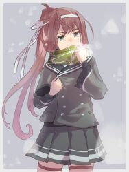 Rule 34 | 1girl, asagumo (kancolle), black sailor collar, black skirt, border, brown hair, cowboy shot, green scarf, grey eyes, hair between eyes, highres, kantai collection, long hair, long sleeves, pleated skirt, ponytail, sailor collar, scarf, skirt, solo, white border, white headwear, yano shirou