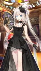1girl back_bow bare_arms black_choker black_flower black_gloves black_rose blue_eyes blue_pendant bow breasts choker cleavage commentary crossed_legs dress fate/grand_order fate_(series) feather_hair_ornament feathers feet_out_of_frame flower folding_fan formal_clothes ginka_sima gloves hair_flower hair_ornament hand_fan high-low_dress holding holding_fan indoors jewelry light_rays long_hair looking_at_viewer marie_antoinette_(fate) marie_antoinette_(formal_dress)_(fate) medium_breasts necklace official_art ribbon rose sidelocks single_strap smile solo standing third-party_source twintails very_long_hair white_bow white_hair white_ribbon