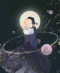 Rule 34 | 1girl, artist name, eyelashes, highres, kyokugen dasshutsu, kyokugen dasshutsu adv: zennin shibou desu, long skirt, long sleeves, looking back, luna (kyokugen dasshutsu), moon, mugiwara-no-david, orange hair, orbital path, shadow, shirt, sidelocks, skirt, solo, spotlight