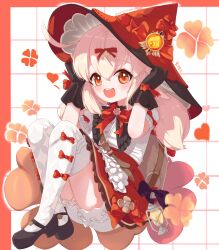1girl :d absurdres black_gloves black_shoes bloomers bow bowtie character_name dress_shirt full_body genshin_impact glove_bow gloves hair_between_eyes hair_ribbon hat highres klee_(blossoming_starlight)_(genshin_impact) klee_(genshin_impact) kozma_nate01 layered_skirt long_hair mary_janes miniskirt open_mouth pixiv_username red_bow red_bowtie red_eyes red_hat red_ribbon red_skirt ribbon shirt shoes short_sleeves skirt smile solo teeth thighhighs underwear upper_teeth_only white_bloomers white_hair white_shirt white_thighhighs witch_hat