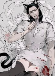 1boy alternate_costume animal_ears baldur&#039;s_gate baldur&#039;s_gate_3 black_hair blood blood_bag cat_boy cat_ears cat_tail cazador_szarr crossdressing crossdressing_(mtf) dress dungeons_&amp;_dragons dungeons_&amp;_dragons flower hat highres male_focus mouse_(animal) narrowed_eyes nurse nurse_cap solo tail thighhighs vihua6 white_dress