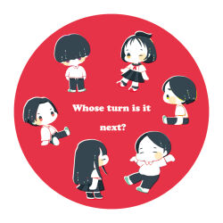 2girls 4boys arai_shouji arms_up belt blush_stickers bowl_cut chibi chibi_only closed_eyes english_text fukuzawa_reiko gakkou_de_atta_kowai_hanashi hosoda_tomaharu iwashita_akemi jacket kazama_nozomu limited_palette long_hair manami_(uovoegg) multiple_boys multiple_girls no_mouth no_nose one_eye_closed shindo_makoto shoes short_hair simple_background sitting sneakers
