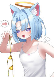 1girl animal_ear_fluff animal_ears bikini blue_hair blush camisole cat_ears cat_girl commentary fang flat_chest gold_bikini halo highres holding holding_swimsuit holding_unworn_clothes looking_at_viewer nose_blush open_mouth original purple_eyes short_hair simple_background skin_fang smile solo spoken_blush swimsuit traditional_halo tt_(mmk_lr) two_side_up unworn_swimsuit upper_body white_background white_camisole yellow_halo