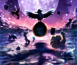 articuno bird butterfree cloud creatures_(company) dark drifblim electrike flying game_freak gen_1_pokemon gen_3_pokemon gen_4_pokemon gengar goldeen honchkrow kabuto_(pokemon) lapras leafeon legendary_pokemon lumineon mew_(pokemon) moon mythical_pokemon ninetales nintendo no_humans pidgeot pidgeotto planet pokemon pokemon_(creature) purple_theme silhouette sitting water wings