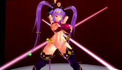 1girl 3d arms_up artist_request breasts curvy female_focus heart heart_tattoo huge_breasts legs_apart long_hair long_twintails looking_at_viewer monkey_tail nipples no_pussy pubic_tattoo purple_hair queen&#039;s_blade queen&#039;s_blade_grimoire revealing_clothes seiten_(queen&#039;s_blade) shiny_skin smile solo tail tattoo thong tiara torn_clothes twintails very_long_hair