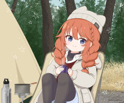 1girl animal_ears animal_hat beanie black_pantyhose blue_eyes blue_shorts blue_sky blush braid brown_hair closed_mouth cloud collared_shirt commentary_request cup day dress_shirt fake_animal_ears feet_out_of_frame grey_hat grey_jacket hair_between_eyes hair_over_shoulder hat holding holding_cup hood hood_down hooded_jacket jacket knees_up long_hair long_sleeves low_twintails mitya mug outdoors pantyhose pantyhose_under_shorts princess_connect! puffy_long_sleeves puffy_sleeves shirt short_shorts shorts sitting sky smile solo star_(symbol) sweater_vest tent tree twin_braids twintails twitter_username white_shirt yuni_(princess_connect!)