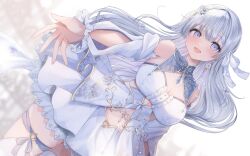 Rule 34 | 1girl, :d, aoi sui, arm cutout, bare shoulders, blunt bangs, blurry, blurry background, blush, body jewelry, bow, breasts, center frills, cleavage, cleavage cutout, clothing cutout, collared dress, commentary request, commission, cowboy shot, detached sleeves, dress, dutch angle, earrings, flower, flower earrings, framed breasts, frilled sleeves, frills, gold trim, grey hair, hair bow, hair flower, hair ornament, indie virtual youtuber, jewelry, kurage cc, large breasts, layered skirt, leg ribbon, long hair, looking at viewer, offering hand, open mouth, print dress, purple eyes, ribbon, rose, skeb commission, skirt, sleeveless, sleeveless dress, smile, solo, standing, stomach cutout, thigh ribbon, thighhighs, virtual youtuber, white background, white dress, white flower, white thighhighs