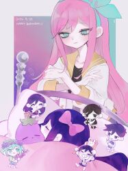 2024 3girls 4boys :d ^_^ aegyo_sal animal animal_on_head antenna_hair aqua_background aqua_eyes aqua_hairband aubrey_(faraway)_(omori) aubrey_(headspace)_(omori) aubrey_(omori) bare_arms bare_shoulders basil_(headspace)_(omori) basil_(omori) basket black_eyes black_hair black_shirt black_tank_top blue_flower blue_rose blush border bow_hairband bright_pupils brother_and_sister brothers checkered_clothes chibi chibi_inset closed_eyes closed_mouth collarbone colored_skin commentary_request crossed_arms dated dot_nose double-parted_bangs dual_persona empty_eyes expressionless flower flower_wreath forest_bunny_(omori) gift gladiolus green_eyes green_hair grey_border grin hair_behind_ear hair_between_eyes hair_spread_out hairband hand_on_own_cheek hand_on_own_face happy_birthday head_on_pillow head_wreath hero_(headspace)_(omori) hero_(omori) highres holding holding_flower holding_gift holding_stuffed_toy jacket jitome kel_(headspace)_(omori) kel_(omori) long_hair mari_(headspace)_(omori) mari_(omori) mary_janes mr._plantegg_(omori) multiple_boys multiple_girls no_pupils omori omori_(omori) on_head open_clothes open_jacket open_mouth p0tatotat pale_skin picnic_basket pillow pink_background pink_flower pink_hair pink_rose purple_background purple_eyes purple_hair purple_shoes rabbit rose sailor_collar shirt shoes short_hair siblings simple_background sitting smile stuffed_eggplant stuffed_toy sweatdrop tank_top three-quarter_sleeves u_u under_covers upper_body v-shaped_eyebrows very_long_hair white_jacket white_pupils white_rabbit_(animal) white_skin yellow_sailor_collar