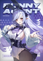 1girl absurdres adapted_costume animal_ears artist_name ascot black_nails black_pantyhose bow bowtie breasts center_frills character_name covered_navel cowboy_shot drill_hair english_text frilled_leotard frills gem hairband highres large_breasts leotard long_hair looking_at_viewer open_mouth pantyhose pointy_ears purple_ascot purple_background purple_bow purple_bowtie purple_gemstone purple_hair purple_hairband rabbit_ears reaching reaching_towards_viewer red_eyes shrug_(clothing) sideboob siriuflong solo twin_drills vivian_banshee white_leotard white_shrug zenless_zone_zero