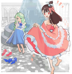 2girls :d barefoot blue_dress blurry blurry_background bow brown_hair chya_dan_go12 day diana_cavendish dress elbow_gloves evening_gown frilled_dress frills full_body gloves green_hair grey_gloves hair_bow head_rest highres jewelry kagari_atsuko little_witch_academia looking_at_another looking_at_viewer looking_back multicolored_hair multiple_girls necklace one_side_up open_mouth outdoors pink_bow pink_dress red_eyes shoes sitting sketch skirt_hold smile standing standing_on_one_leg two-tone_hair unworn_shoes white_hair