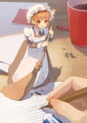 1girl 1other apron broom cup dress eraser frilled_apron frills hat holding holding_broom holding_pencil long_dress looking_at_viewer maid mechanical_pencil mini_person minigirl mob_cap open_mouth orange_hair original pencil standing sweeping upaneru_(upau8_chan) white_apron white_hat writing