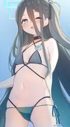 1girl absurdres alternate_costume aris_(blue_archive) bare_arms bare_shoulders bikini black_bikini black_choker black_hair blue_archive blue_background blue_bikini blue_eyes blush breasts choker commentary cosplay cowboy_shot flower gradient_background hair_between_eyes hair_ribbon halo highleg highleg_bikini highres kafuu_kaya kikyou_(blue_archive) kikyou_(blue_archive)_(cosplay) kikyou_(swimsuit)_(blue_archive) layered_bikini loli long_hair looking_at_viewer navel one_eye_closed open_mouth ribbon ringed_eyes simple_background small_breasts smile solo standing stomach string_bikini swimsuit twitter_username very_long_hair white_flower