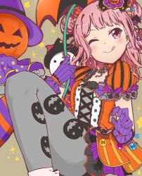 1girl ;q asymmetrical_legwear bang_dream! black_skirt black_umbrella blunt_bangs blush brown_background closed_mouth commentary_request cross-laced_clothes cross-laced_top double_bun feet_out_of_frame gloves grey_pantyhose hair_bun highres holding holding_umbrella jack-o&#039;-lantern liz_(piyoko_piyop) long_hair looking_at_viewer maruyama_aya mismatched_legwear official_alternate_costume one_eye_closed orange_pantyhose orange_shirt orange_umbrella pantyhose partial_commentary pink_eyes pink_hair puffy_short_sleeves puffy_sleeves purple_gloves purple_pantyhose shirt short_sleeves sidelocks simple_background skirt smile solo sparkle split_mouth striped_clothes striped_pantyhose tongue tongue_out two-tone_umbrella umbrella vertical-striped_sleeves