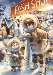 1boy 1other :o absurdres animal backpack bag blush boots brown_coat brown_gloves brown_hair brown_pants building cat coat commentary fish full_body fur-trimmed_coat fur-trimmed_hood fur-trimmed_sleeves fur_trim gloves green_eyes highres holding holding_animal holding_fish hood hooded_coat male_focus open_mouth original outdoors pants short_hair snow standing suzaku_(zaku6584) white_boots winter winter_clothes