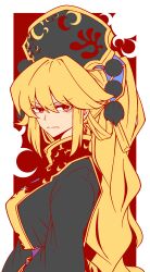 Rule 34 | 1girl, absurdres, belt, black dress, black hat, blonde hair, border, breasts, chinese clothes, closed mouth, commentary request, crescent, crescent print, dalachi (headdress), dress, from side, hair between eyes, hat, high ponytail, highres, junko (touhou), kikoka (mizuumi), large breasts, long hair, long sleeves, looking at viewer, mandarin collar, outside border, phoenix print, pom pom (clothes), ponytail, purple belt, red background, red eyes, red tabard, sidelocks, simple background, solo, standing, tabard, tassel, touhou, v-shaped eyebrows, wavy hair, white border, wide sleeves